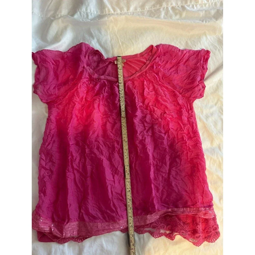 M For Bolide Italian Silk Blouse Pink Made in Italy Women S Sheer Lace Hem Top - Picture 7 of 7